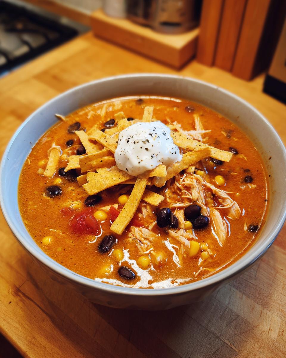A close-up of a bowl of creamy chicken tortilla soup topped with tortilla strips, sour cream, and black pepper.