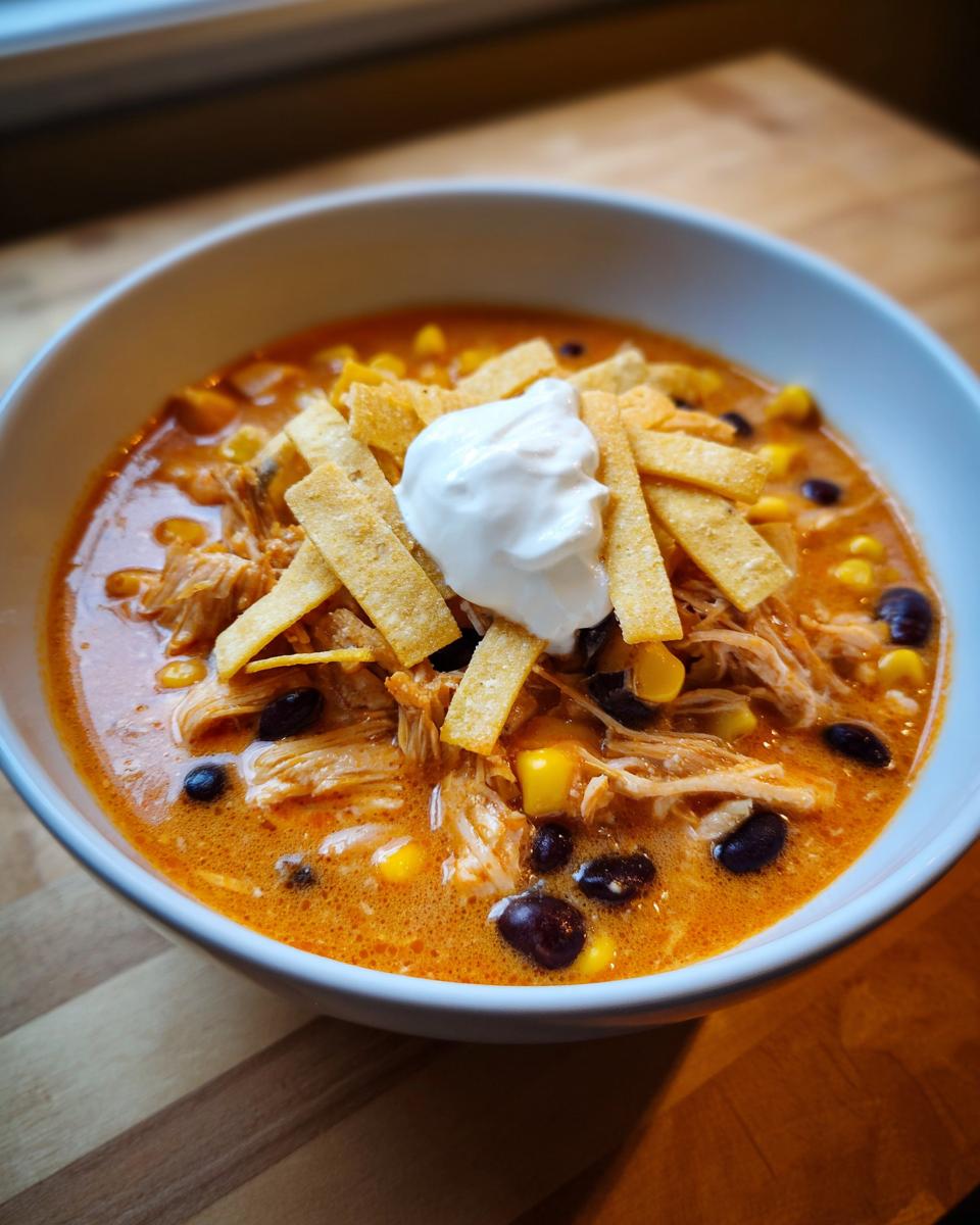 A close-up of a bowl of creamy chicken tortilla soup topped with sour cream, tortilla strips, corn, and black beans.