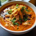 Close-up of creamy chicken tortilla soup topped with shredded chicken, black beans, cilantro, and crispy tortilla strips.