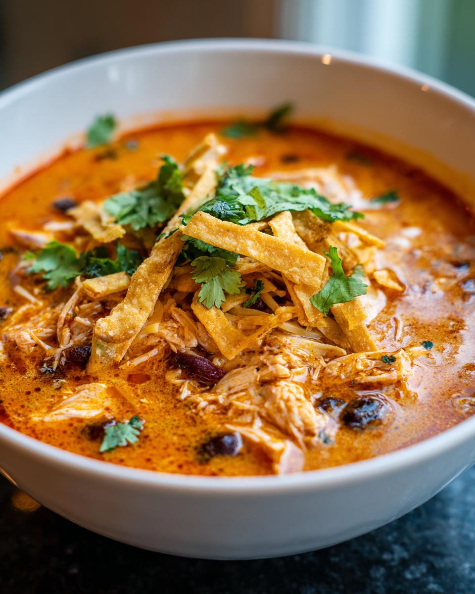 Close-up of a creamy, orange-hued chicken tortilla soup topped with crispy tortilla strips and fresh cilantro.