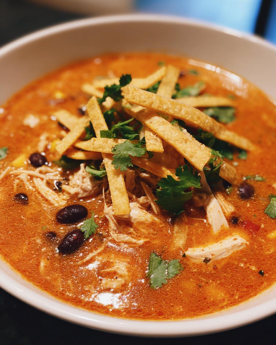 A close-up of creamy chicken tortilla soup topped with crispy tortilla strips, black beans, and fresh cilantro.