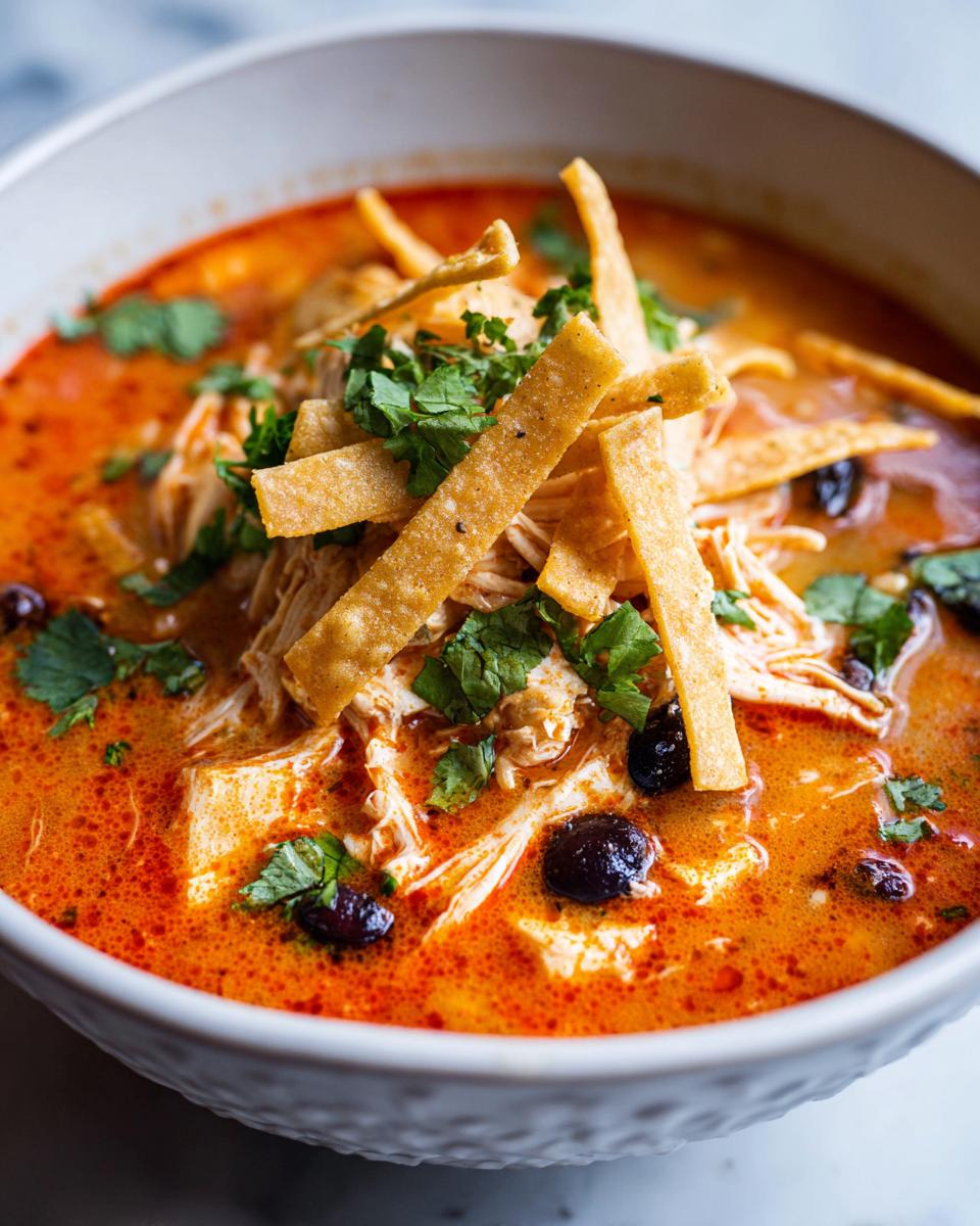 Close-up of creamy chicken tortilla soup topped with shredded chicken, tortilla strips, and cilantro.