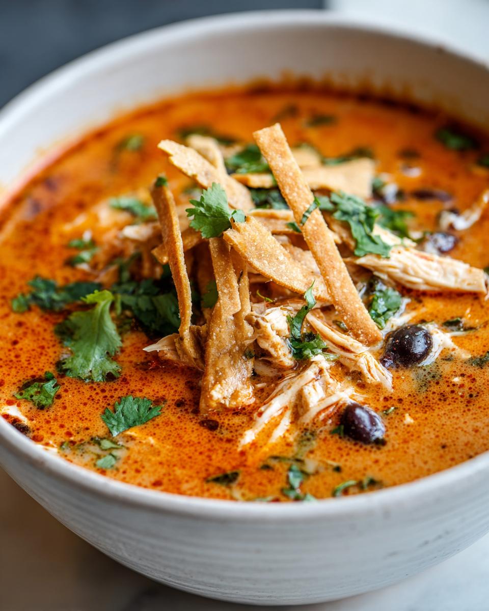 Close-up of creamy chicken tortilla soup topped with crispy tortilla strips, shredded chicken, and cilantro.