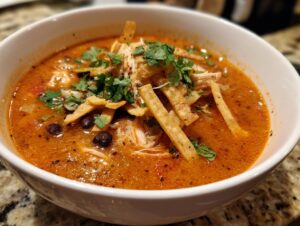 Close-up of a bowl of creamy chicken tortilla soup topped with shredded chicken, black beans, tortilla strips, and cilantro.