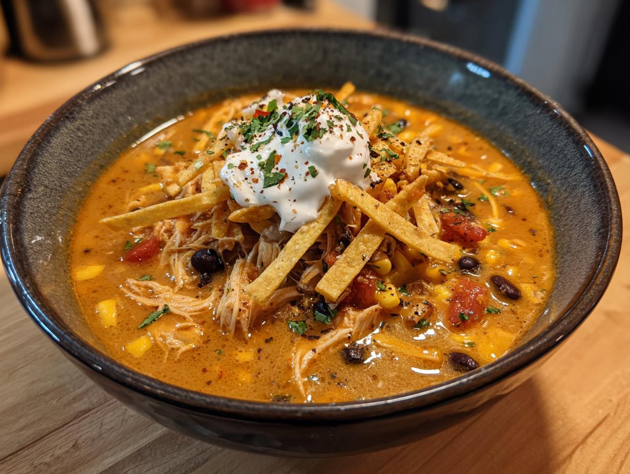 A close-up of a bowl of rich, orange-hued creamy chicken tortilla soup topped with sour cream and tortilla strips.