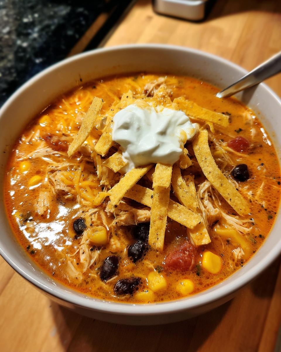 Close-up of a bowl of creamy chicken tortilla soup topped with shredded cheese, tortilla strips, and sour cream.