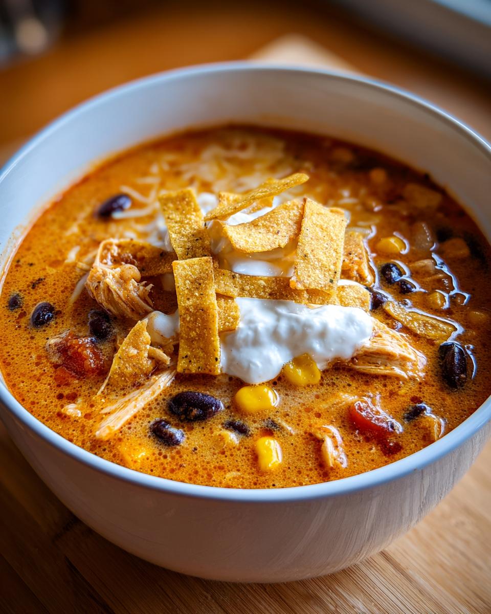 Close-up of a bowl of creamy chicken tortilla soup topped with sour cream, tortilla strips, and cheese.