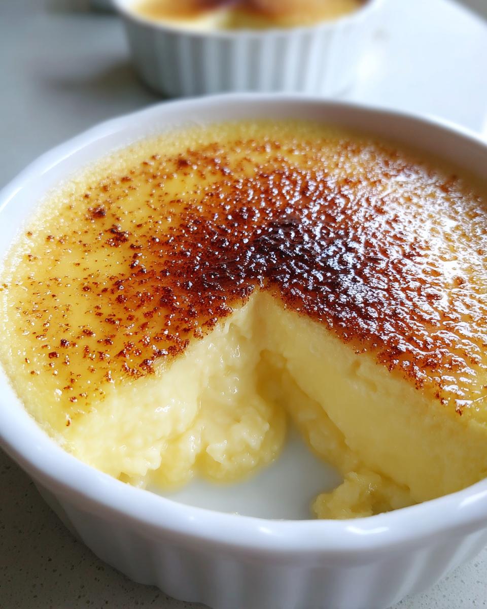 Close-up of a creamy egg custard in a white ramekin with a deeply caramelized, cracked sugar top.