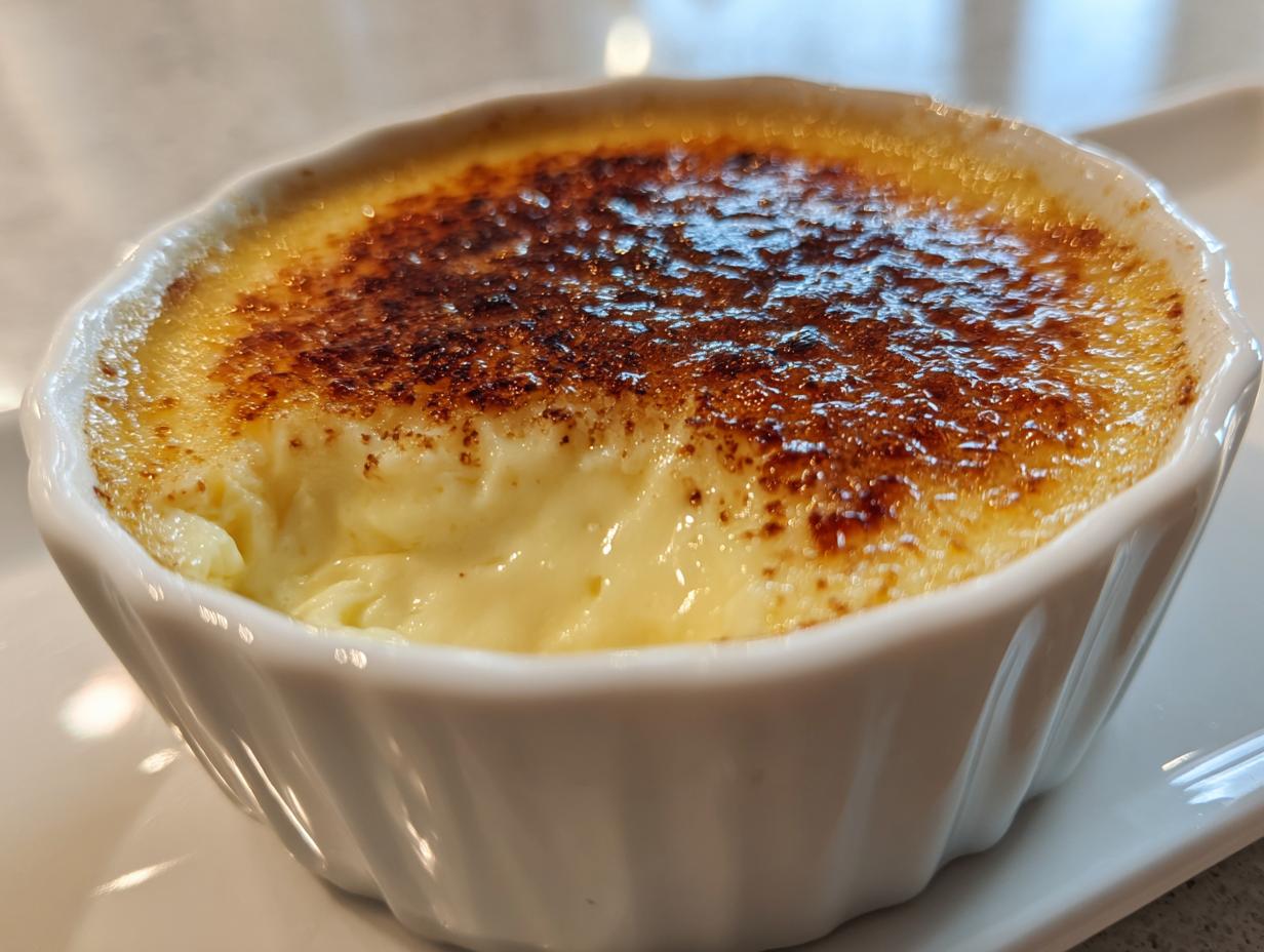 Close-up of a creamy, rich egg custard dessert topped with a dark, crackled caramelized sugar crust.