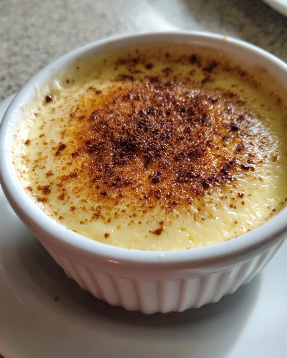 Close-up of a creamy, baked egg custard topped with caramelized sugar in a white fluted ramekin.