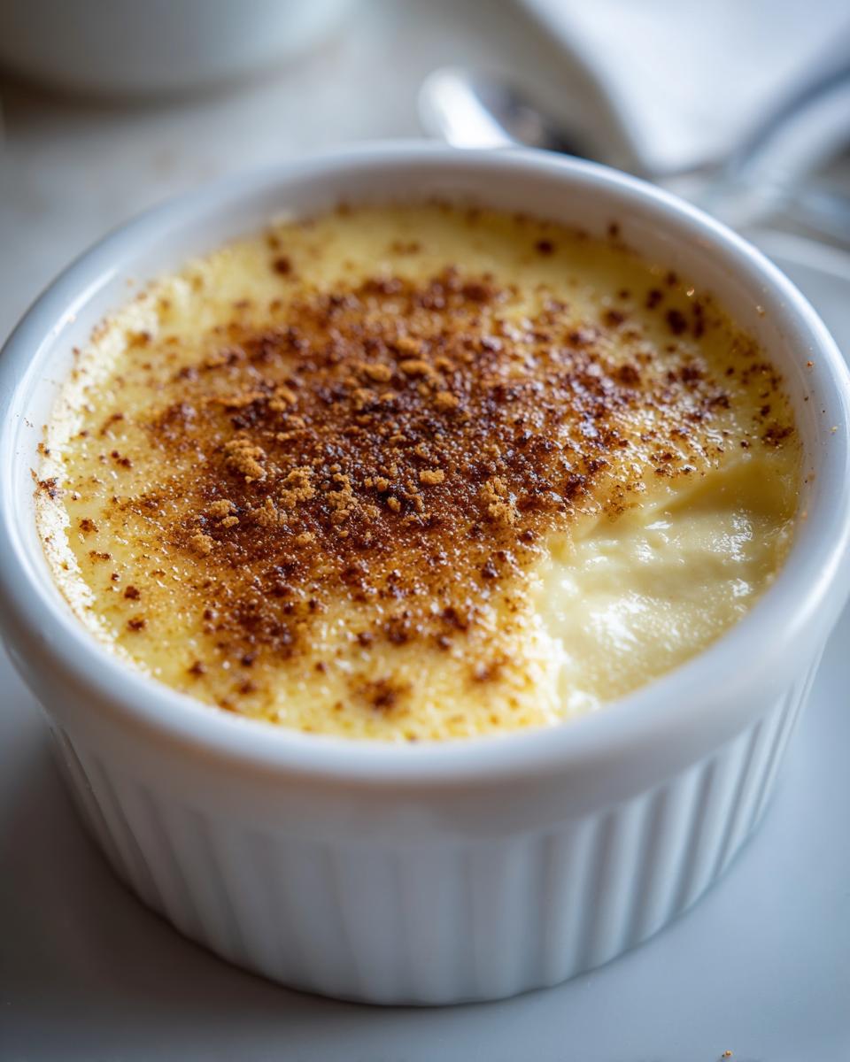 Close-up of a creamy, yellow egg custard topped with caramelized brown sugar in a white ramekin.