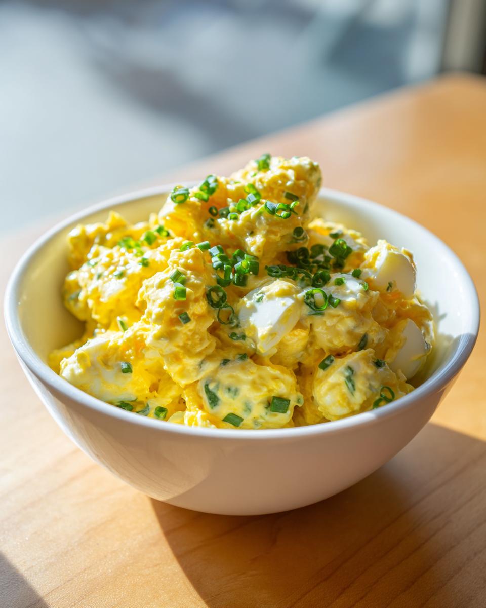 A white bowl filled with creamy, yellow egg salad generously topped with freshly chopped green chives.