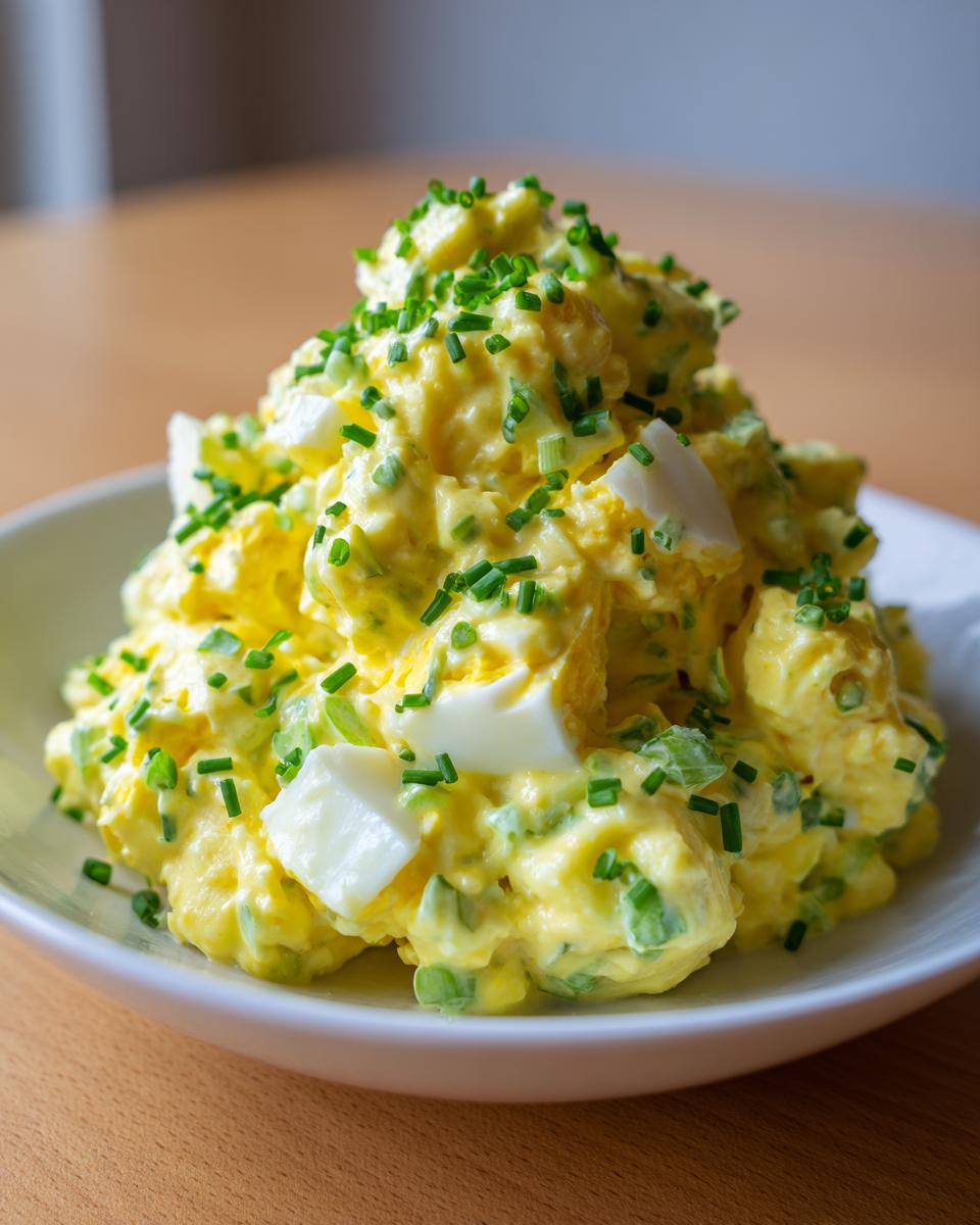 A generous mound of creamy, yellow egg salad studded with chopped egg whites and topped with fresh green chives.