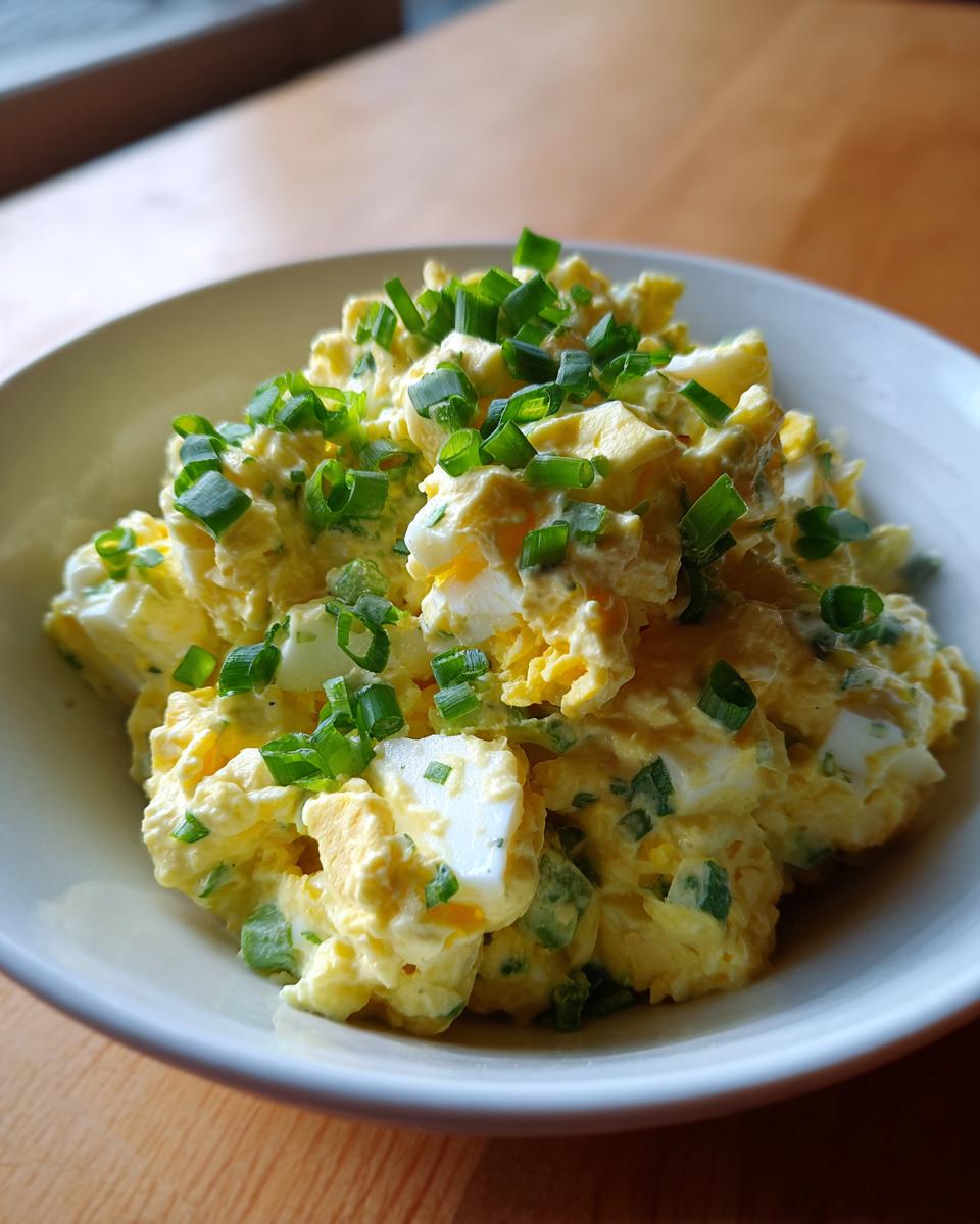 A close-up of creamy egg salad mixed with chunks of egg white and yolk, garnished heavily with chopped green onions.