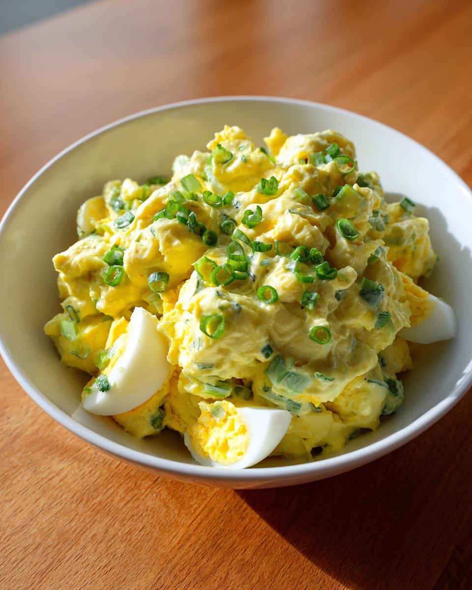 A white bowl filled with creamy, yellow egg salad, garnished generously with chopped green onions.