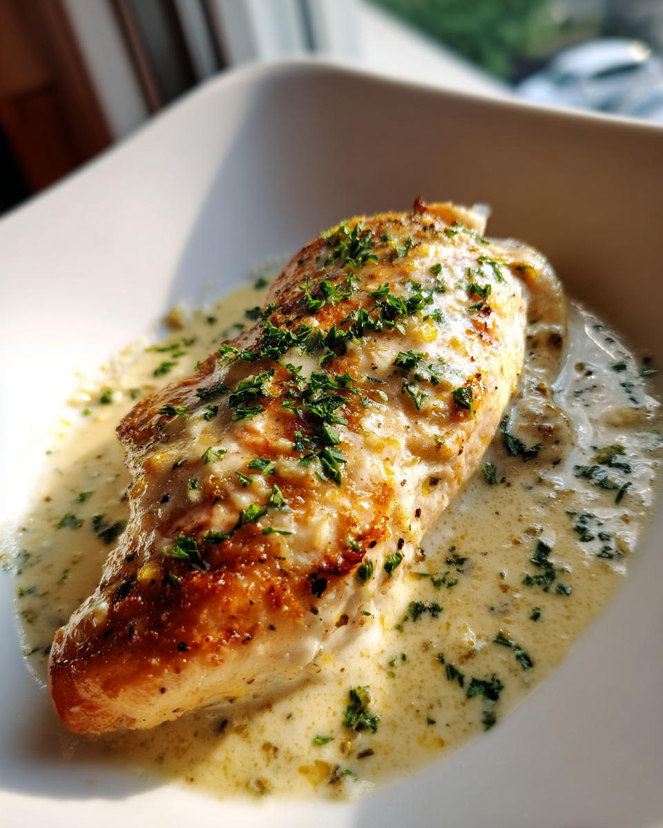 A perfectly seared chicken breast smothered in creamy garlic parmesan chicken sauce and topped with fresh parsley.