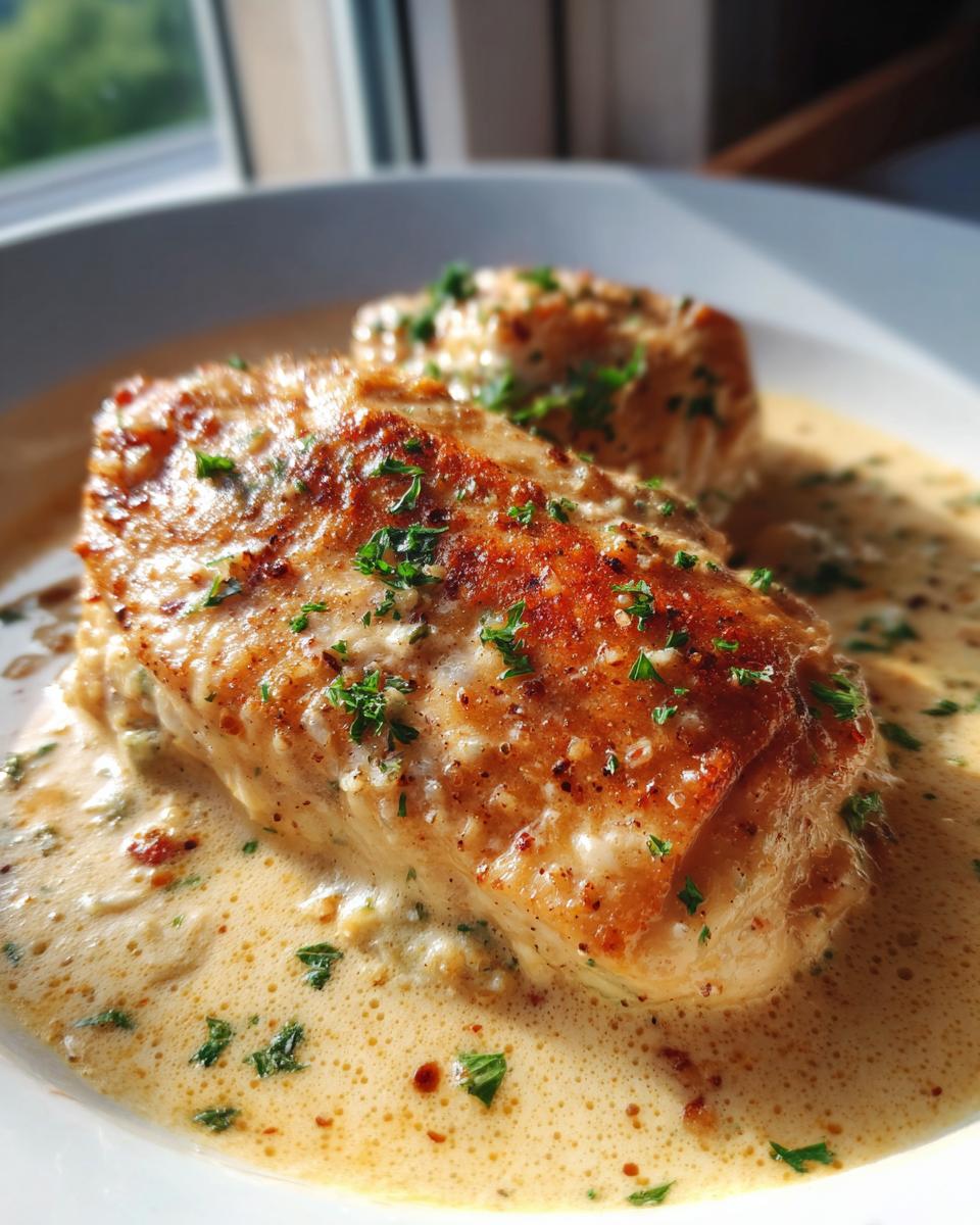 A close-up of pan-seared garlic parmesan chicken breasts smothered in a creamy sauce and topped with fresh parsley.