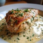 A perfectly seared piece of garlic parmesan chicken smothered in a creamy, herb-flecked sauce on a white plate.