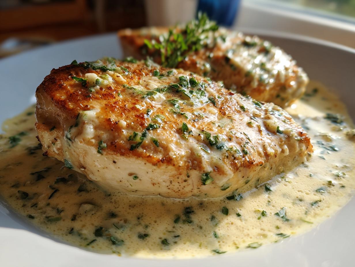 Close-up of seared garlic parmesan chicken breast smothered in a creamy garlic parmesan sauce with fresh herbs.