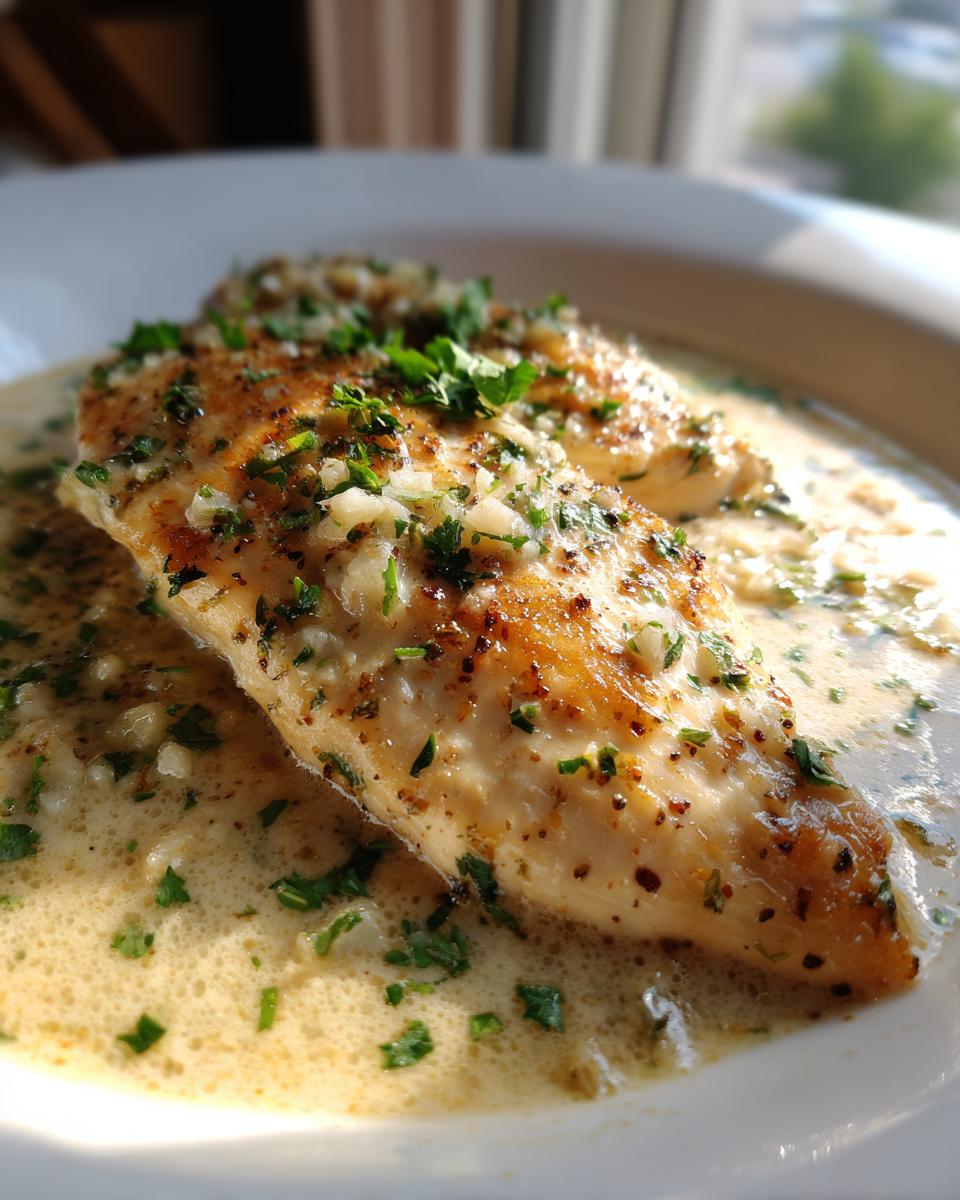 Close-up of seared garlic parmesan chicken breasts swimming in a creamy, garlicky sauce and topped with fresh parsley.