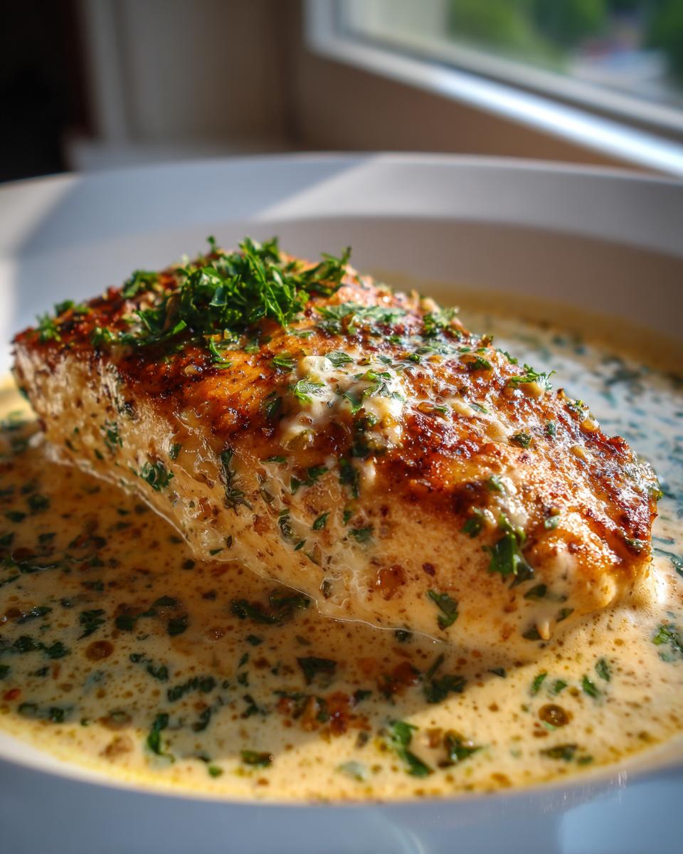 A perfectly seared piece of garlic parmesan chicken resting in a rich, creamy sauce topped with fresh parsley.