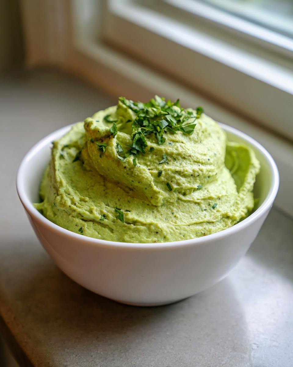 A close-up of a vibrant green, creamy black bean dip topped with fresh chopped parsley in a white bowl.