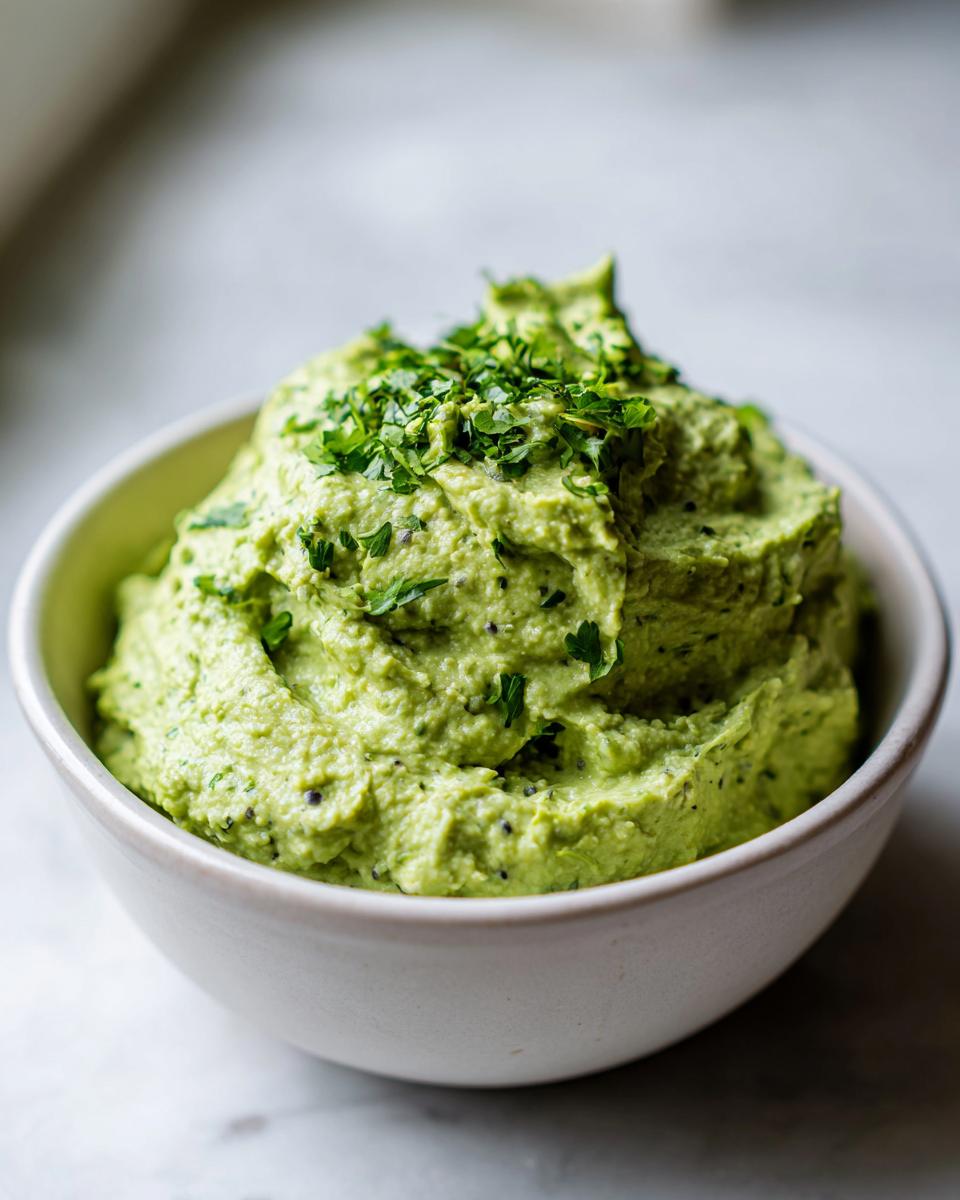 Close-up of creamy green black bean dip topped with fresh chopped parsley in a white bowl.
