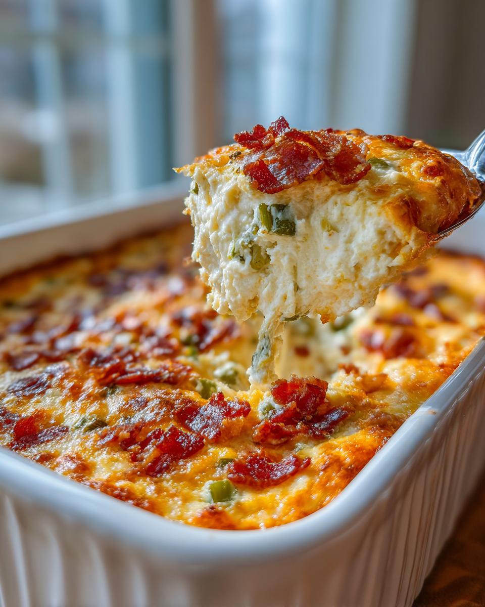 A spoonful of creamy, cheesy Jalapeño popper dip topped with bacon is lifted from a white baking dish.