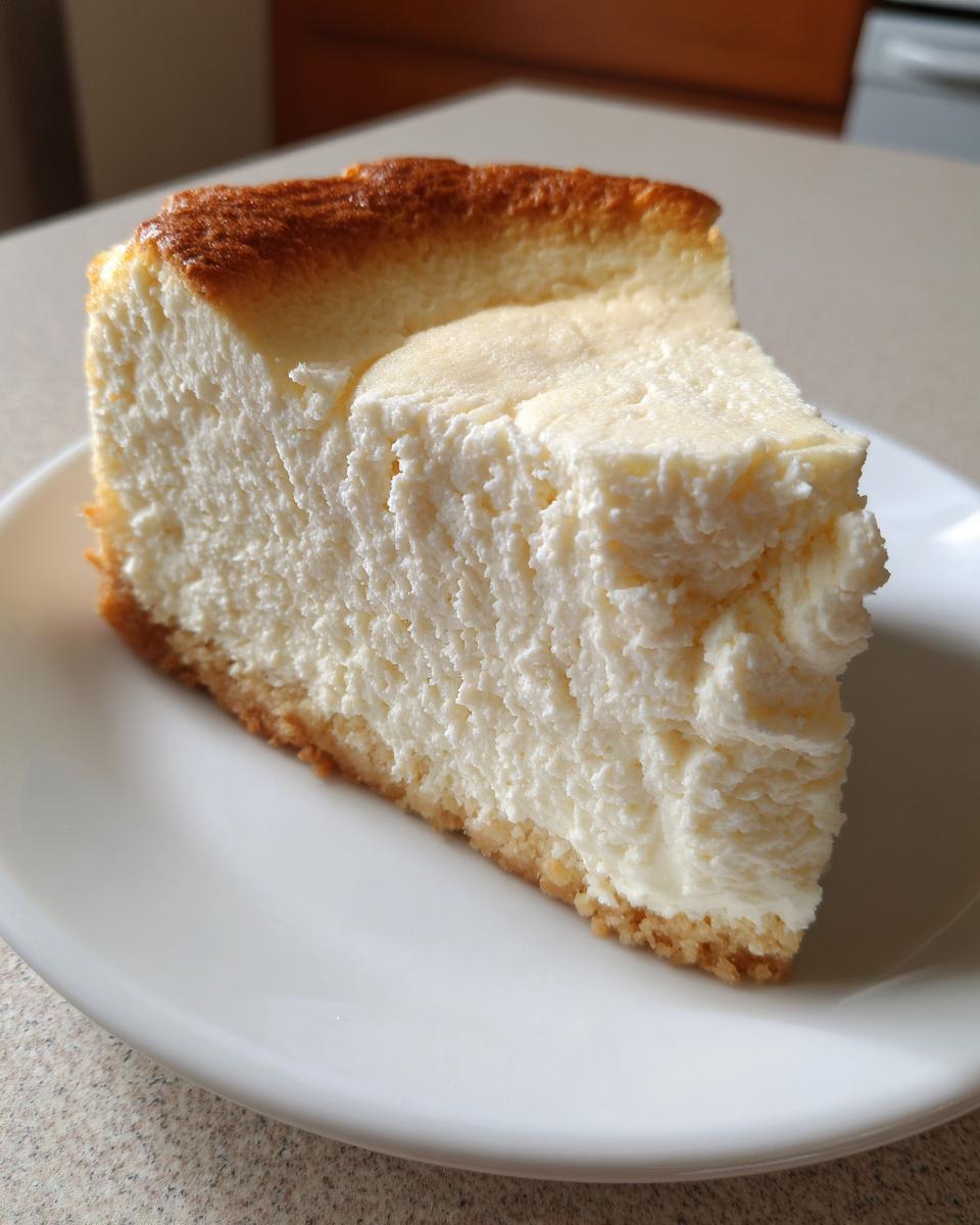 A thick, creamy slice of Keto cheesecake with a golden-brown top edge and a visible crust base, served on a white plate.