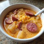 A close-up of a bowl of creamy kielbasa potato soup with chunks of potato, sausage slices, and melted cheddar cheese.