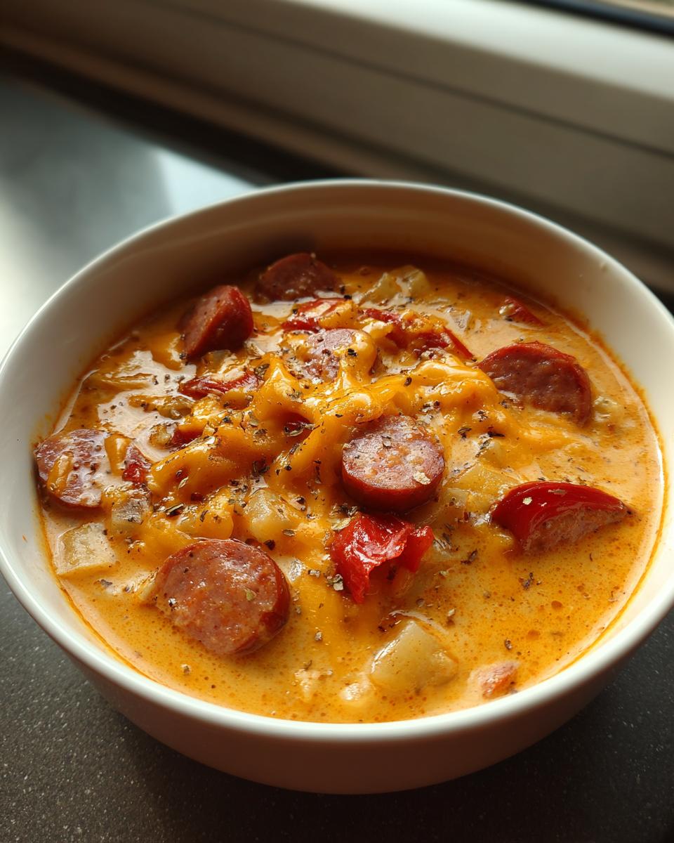 Close-up of a bowl of creamy kielbasa potato soup, featuring sliced sausage, potatoes, melted cheddar cheese, and herbs.