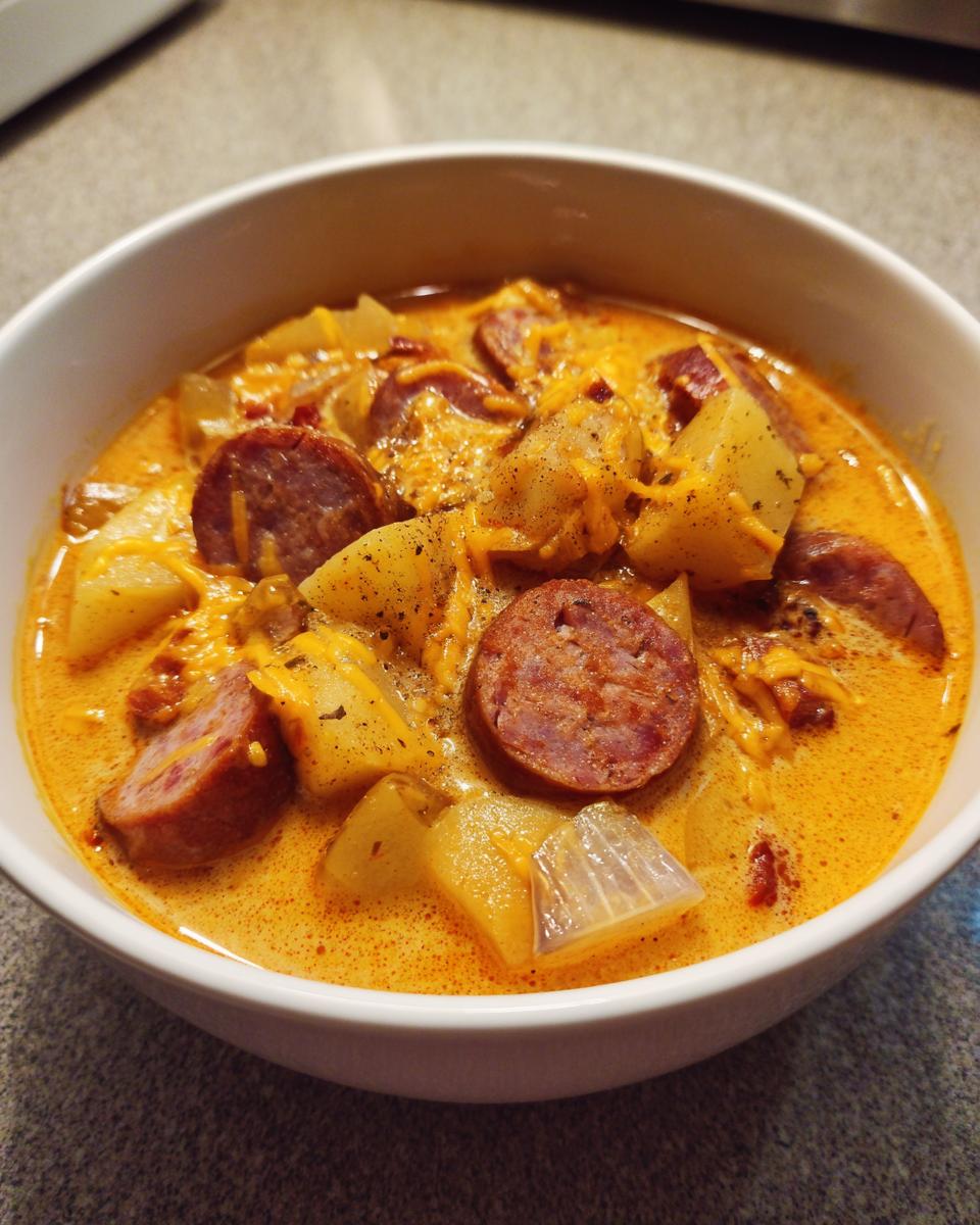 Close-up of a hearty bowl of creamy kielbasa potato soup, topped with shredded cheese and pepper.