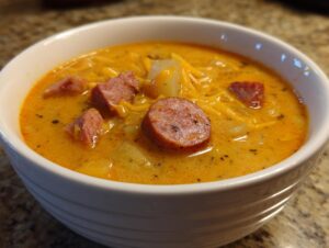 Close-up of a creamy, orange-hued kielbasa potato soup topped with shredded cheddar and chunks of sausage.