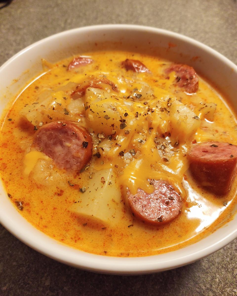 A close-up of a hearty bowl of creamy kielbasa potato soup topped with melted cheddar cheese and herbs.
