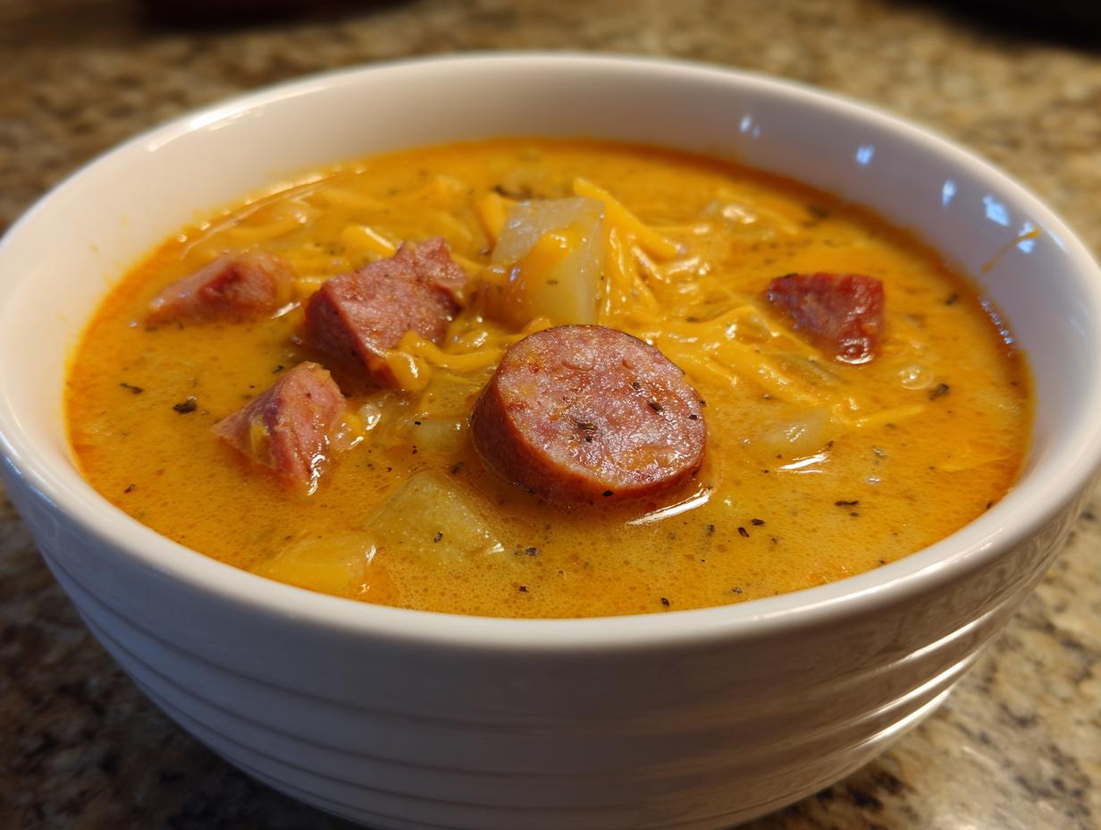 Close-up of a creamy, orange-hued kielbasa potato soup topped with shredded cheddar and chunks of sausage.