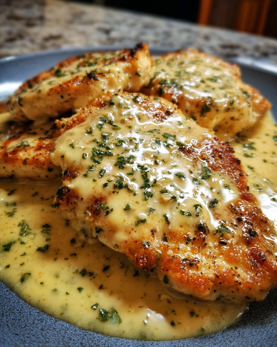 Four pan-seared chicken breasts smothered in a rich, creamy lemon sauce and sprinkled with fresh parsley.