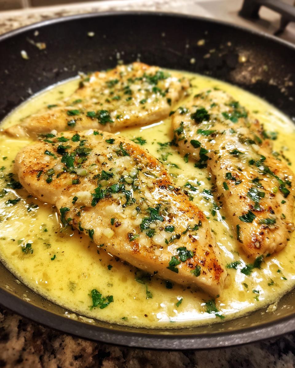 Three golden-brown chicken breasts simmering in a rich, creamy lemon sauce topped with fresh parsley.