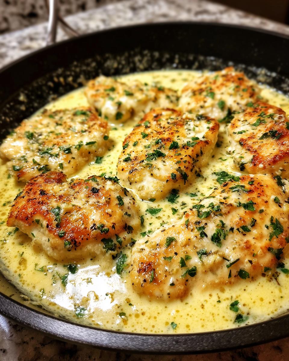 Six golden-brown chicken cutlets simmering in a rich, creamy lemon sauce topped with fresh parsley.