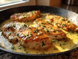Four golden-brown chicken breasts simmering in a rich, creamy lemon sauce garnished with fresh parsley.