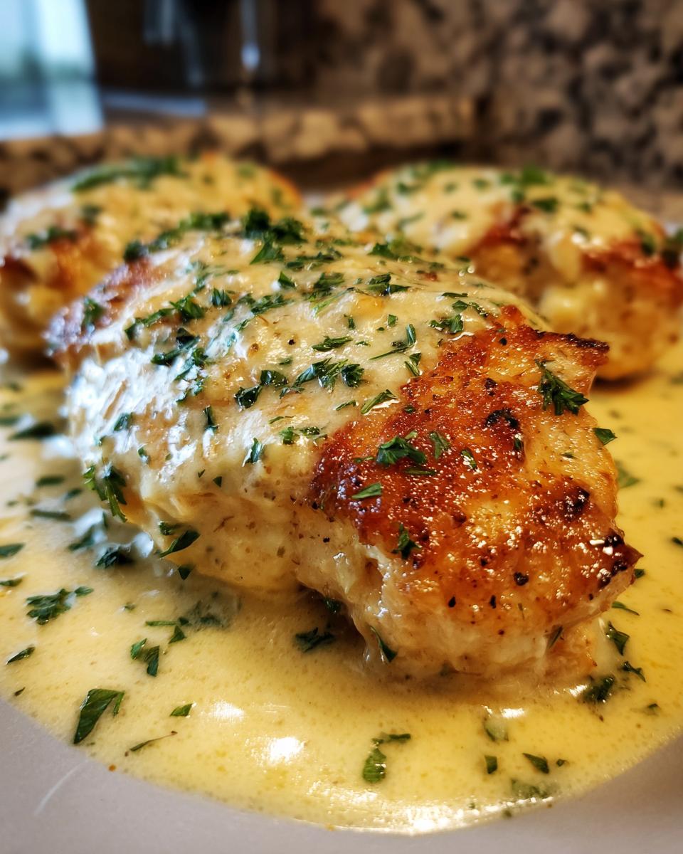 A close-up of pan-seared chicken breasts smothered in a rich, creamy lemon sauce and topped with fresh parsley.
