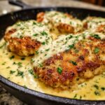 Close-up of pan-seared chicken breasts smothered in a rich, creamy lemon sauce and topped with fresh parsley.