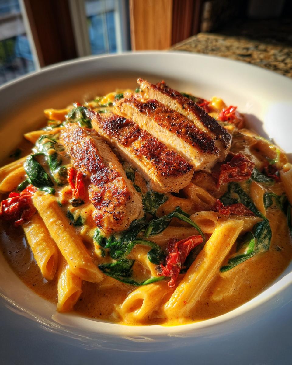 A close-up of creamy marry me chicken pasta featuring penne, spinach, sun-dried tomatoes, and sliced, seared chicken breast.