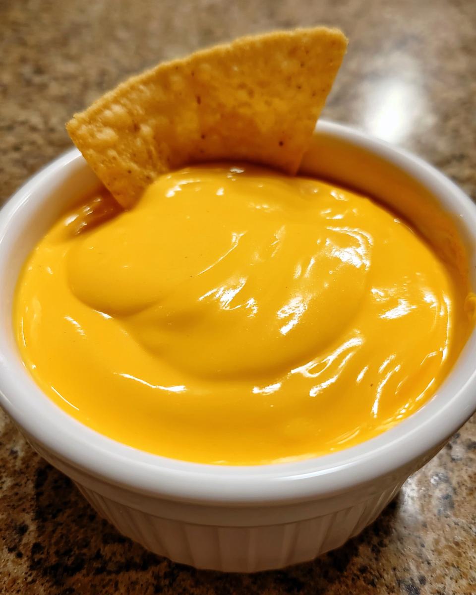 Close-up of creamy, bright orange nacho cheese dip in a white ramekin with a single tortilla chip dipped inside.