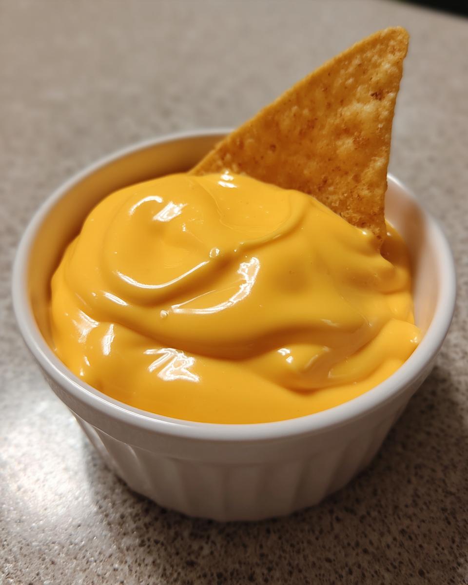 Close-up of a small white bowl filled with bright orange, creamy nacho cheese, featuring one tortilla chip dipped inside.