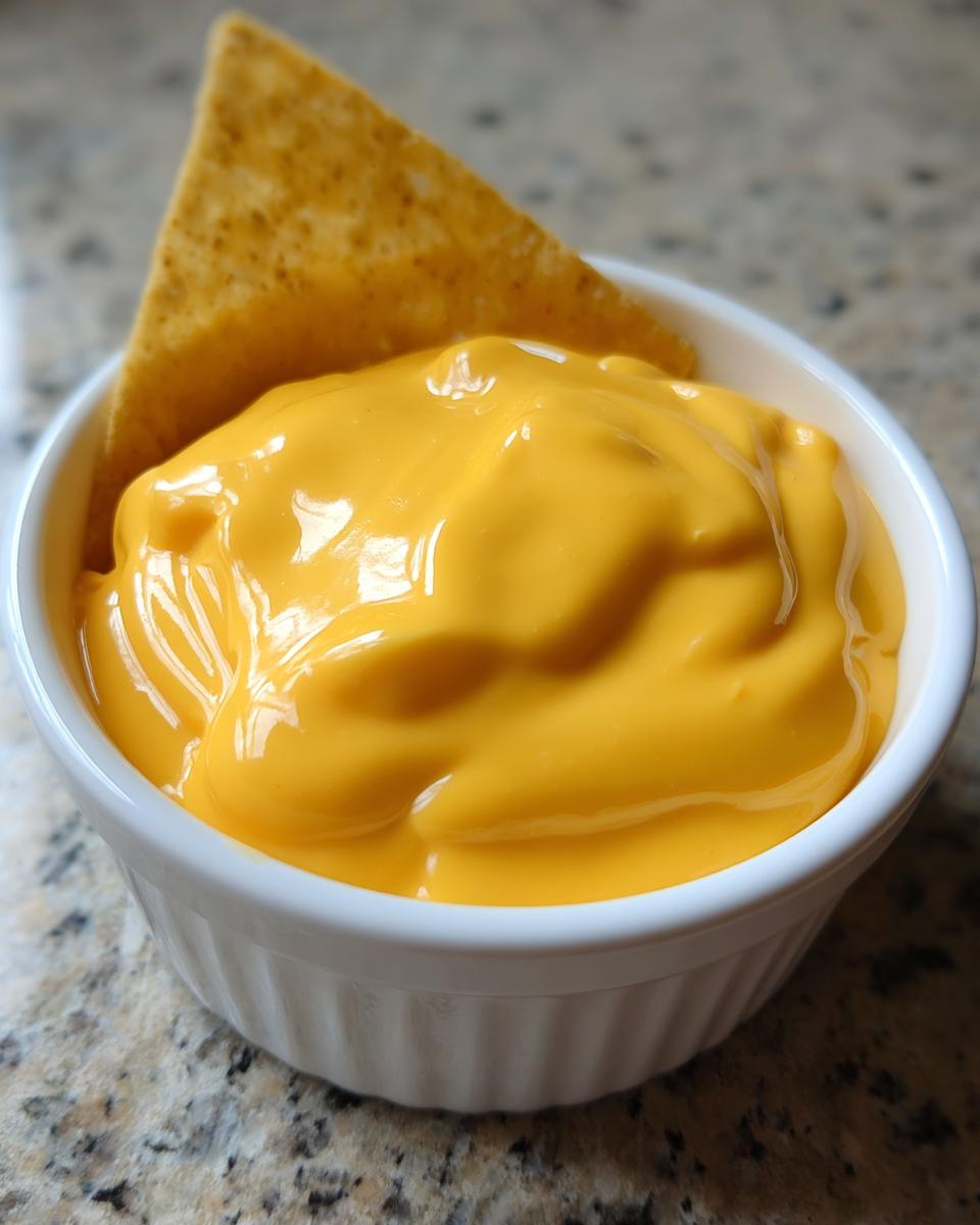 A close-up of smooth, bright orange nacho cheese dip in a white ramekin with one tortilla chip dipped in.