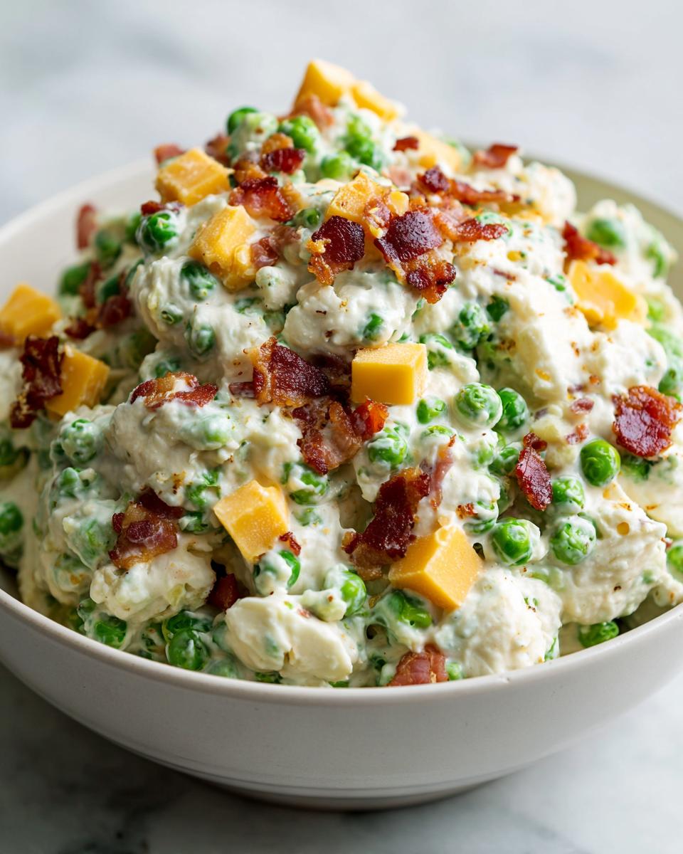 A close-up of a creamy pea salad mixed with green peas, topped with crumbled bacon and cubes of cheddar cheese.