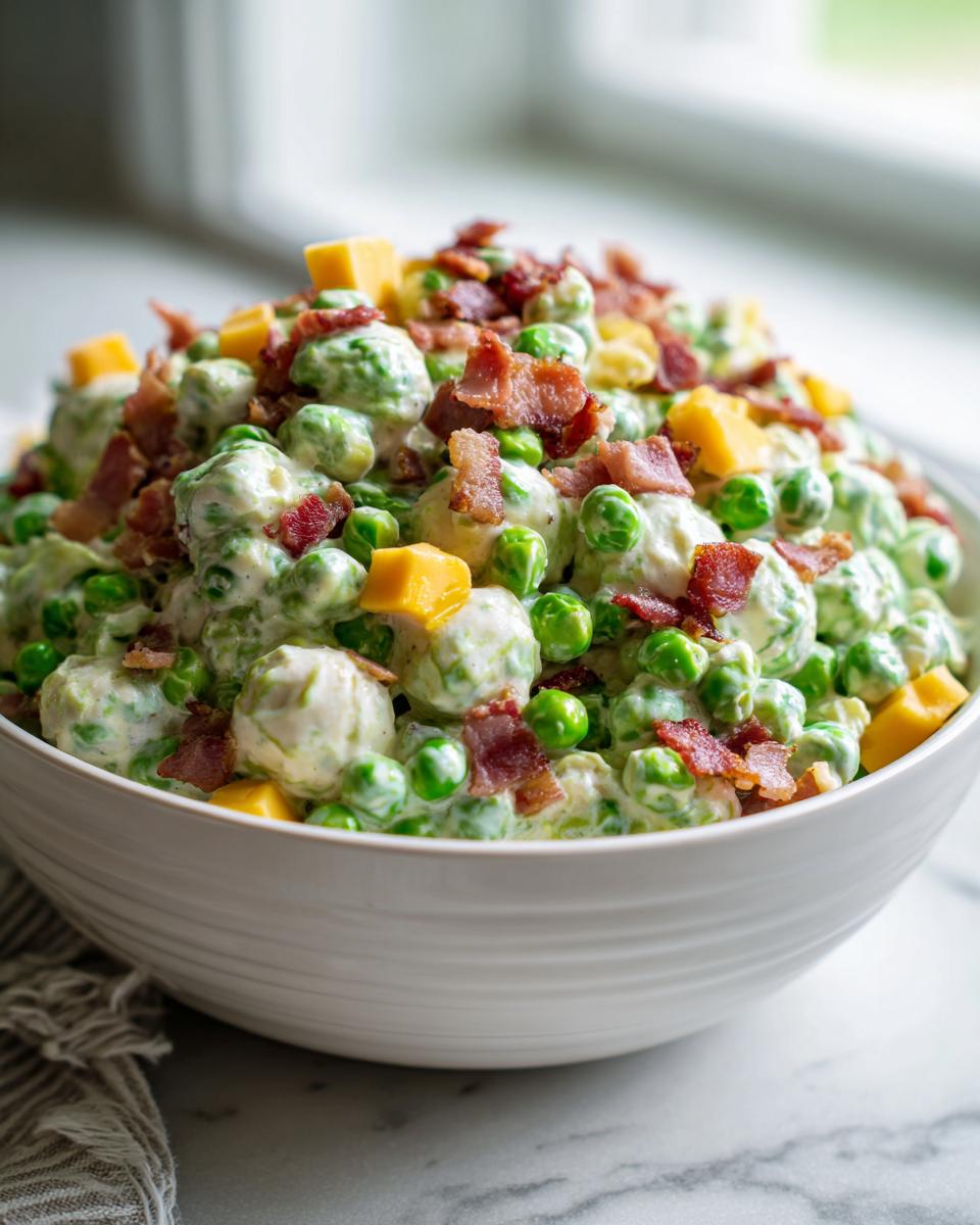 A close-up of a creamy pea salad mixed with dressing, topped generously with crumbled bacon and cheddar cheese cubes.