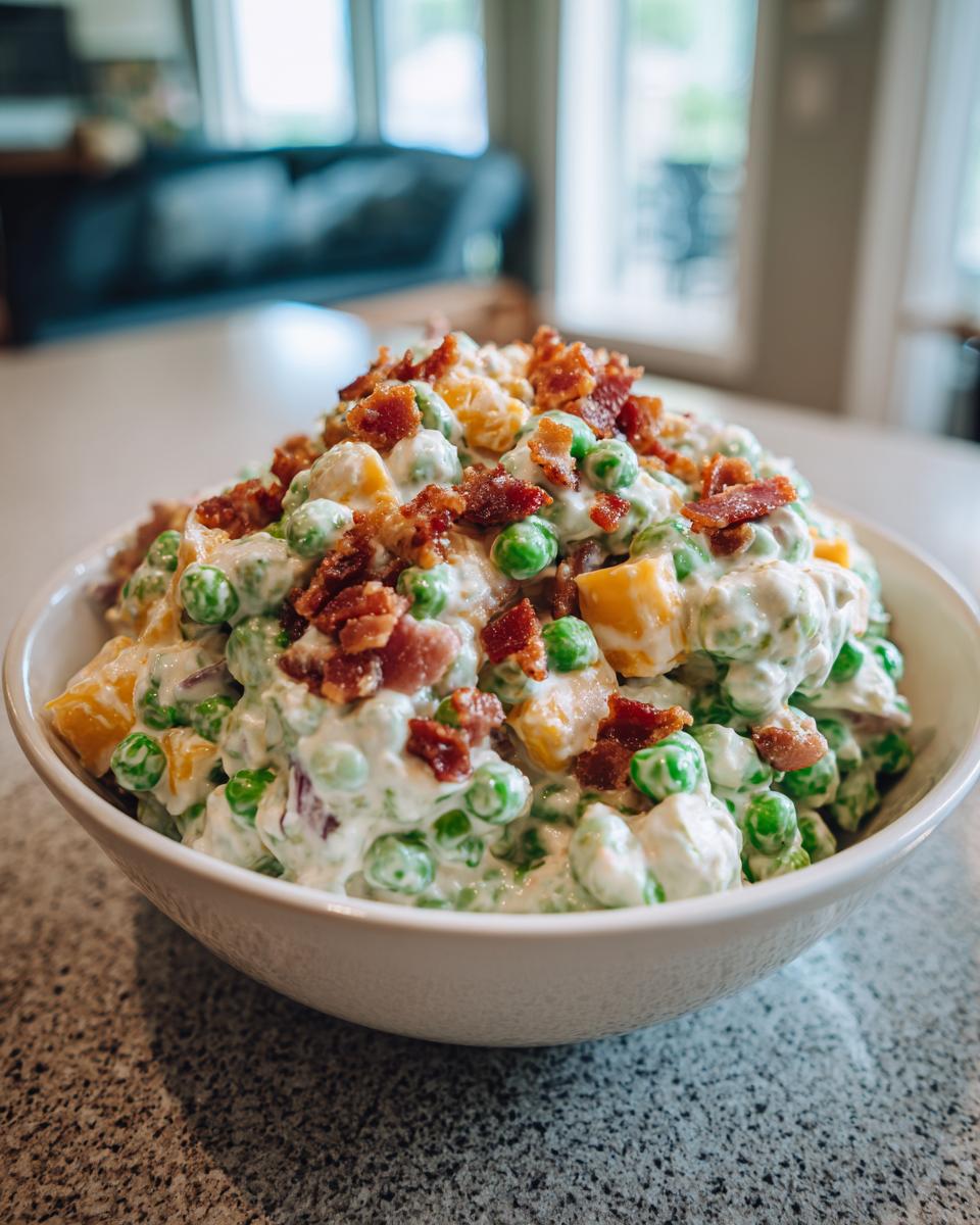 A white bowl filled with creamy pea salad, featuring green peas, cheese cubes, and topped generously with crispy bacon pieces.