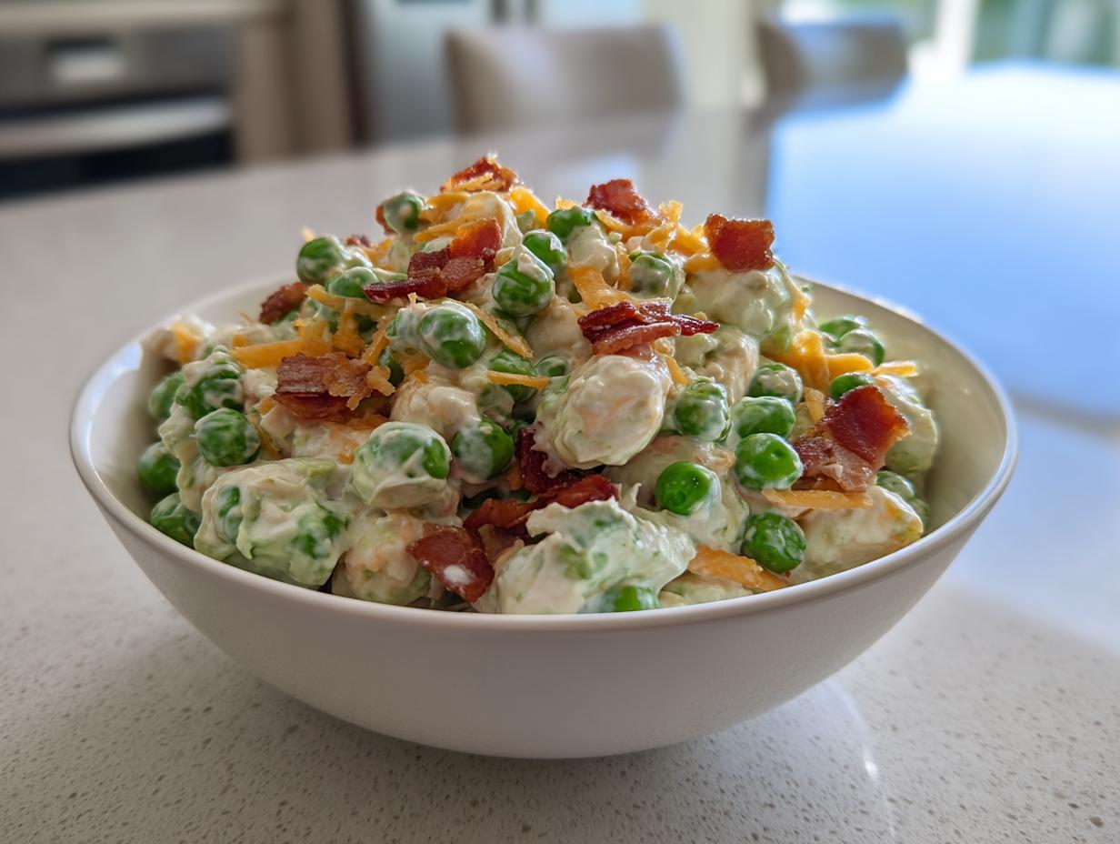 A white bowl filled with creamy pea salad, topped generously with crumbled bacon and shredded cheddar cheese.