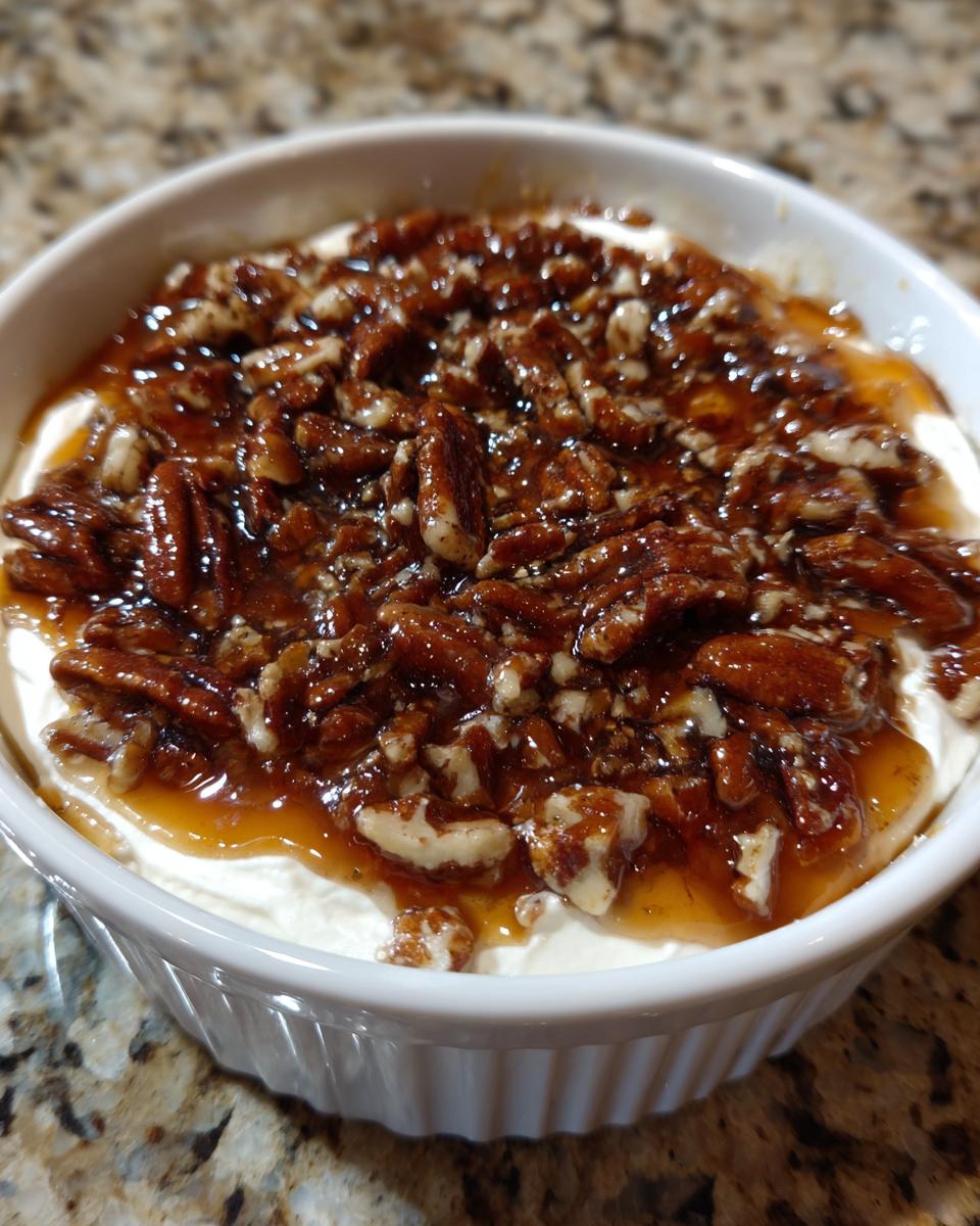Close-up of a creamy pecan pie dip in a white ramekin, generously topped with glazed pecans and caramel sauce.